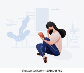 Flat Graphic design illustration of a woman or girl relaxing at home in living room reading a book for education, learning, school, online courses, training or back to school vector