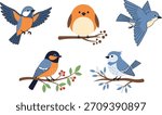 Flat Graphic Design Illustrations of Happy Small Birds in Motion and Rest, Ideal for Greeting Cards, Web Icons, and Wildlife Projects. (19 words)