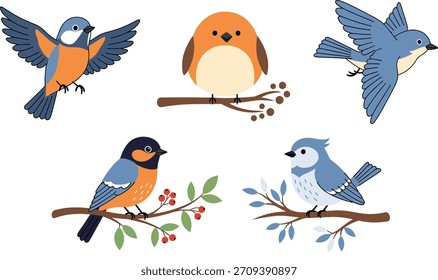 Flat Graphic Design Illustrations of Happy Small Birds in Motion and Rest, Ideal for Greeting Cards, Web Icons, and Wildlife Projects. (19 words)