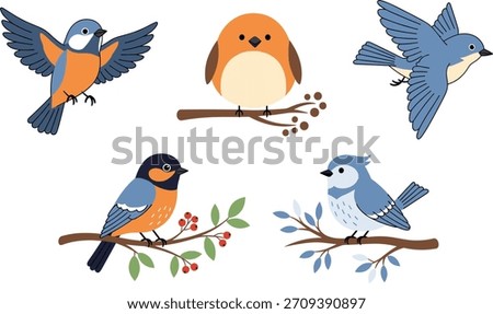 Flat Graphic Design Illustrations of Happy Small Birds in Motion and Rest, Ideal for Greeting Cards, Web Icons, and Wildlife Projects. (19 words)