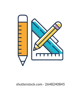 A flat graphic design showcases ruler, pencil, and triangle. The style is simple with clean lines and bright colors.