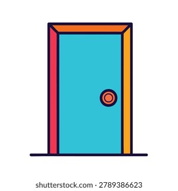 A flat graphic design of a simple door featuring a light blue panel, a vibrant orange doorframe, and a round orange doorknob on a plain white background.