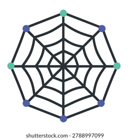 A flat graphic design of a spider web featuring black lines and colorful dots at intersection points on a white background