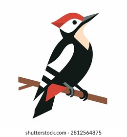 A flat graphic design style illustration of a woodpecker with a red crest perched on a brown wooden branch against a plain white background
