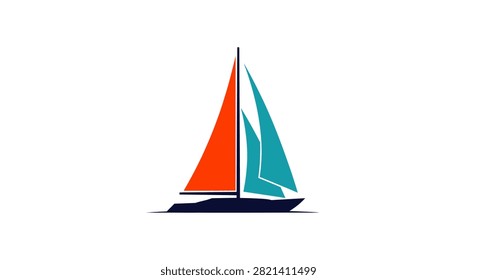 A flat graphic design of a stylized sailboat featuring a dark blue hull and dual colored sails in orange and turquoise isolated on a white background