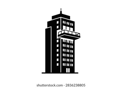 A flat graphic design of a tall skyscraper with a prominent balcony and rectangular windows against a plain background