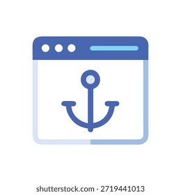 Um gráfico plano exibe uma janela azul do navegador com um ícone destacado de âncora azul. Estilo simples de vetor com fundo branco.