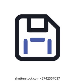 Flat graphic featuring a blue floppy disk icon outlined in dark gray, set against a White Background. Minimalist style.
