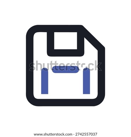 Flat graphic featuring a blue floppy disk icon outlined in dark gray, set against a White Background. Minimalist style.