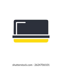 Gráfico plano con un icono de escurridor azul y amarillo sobre un fondo negro. Minimalista, estilo Vector.