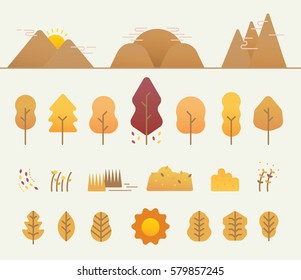 Flat graphic forrest vector set. For autumn/fall season. Using as info-graphic, illustration, icon.