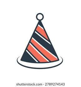 A flat graphic icon of a cone shaped party hat with dark blue and coral red diagonal stripes isolated on white background