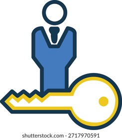 Icono gráfico plano que representa a una persona estilizada con un traje azul de pie detrás de una Grande y Horizontal llave amarilla.