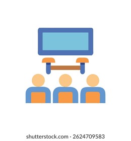 A flat graphic icon depicts a meeting with attendees viewing a presentation screen. Simple design with rounded shapes.