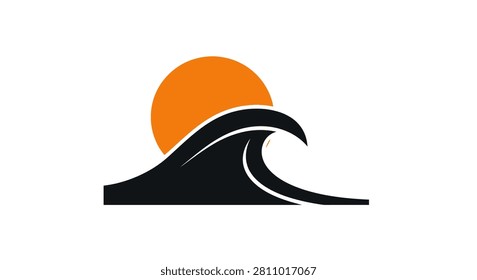 A flat graphic icon featuring a stylized black ocean wave breaking in front of a solid orange circular sun on a white background