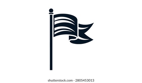 A flat graphic icon of a flag attached to a vertical pole fluttering in the wind isolated on a white background