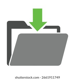 A flat graphic icon of a grey file folder with a bright green arrow pointing down, symbolizing downloading, saving, or moving data into a directory.