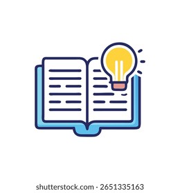 Flat graphic icon of an open book with a lightbulb. Represents knowledge, learning and creative ideas.