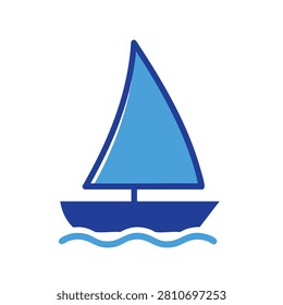 A flat graphic icon representing a blue sailboat with a triangular sail floating on stylized wavy water
