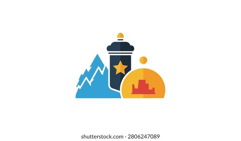 A flat graphic icon set showing a blue mountain, a dark blue sheriff badge with a yellow star, and an orange dome building on a white background.