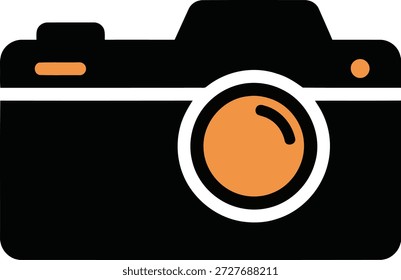 Eine flache grafische Darstellung einer schwarzen Kamera mit einem auffälligen orangefarbenen Objektiv und orangefarbenen Akzenten. Das Design ist einfach und sauber mit weißen Umrissen.