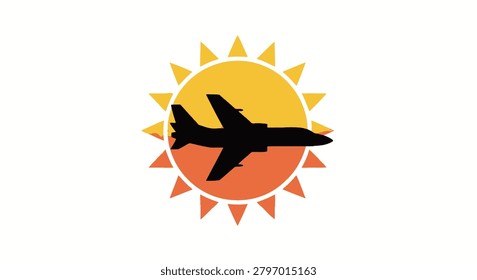A flat graphic illustration of a black passenger airplane flying horizontally across a stylized sun with rays