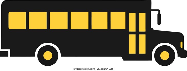 Eine flache grafische Darstellung eines schwarzen Schulbusses mit gelben rechteckigen Fenstern und kreisförmigen Rädern auf weißem Hintergrund.