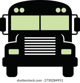 Uma ilustração gráfica plana de um ônibus escolar preto visto de frente. Os acentos verdes claros destacam as janelas, faróis e um painel frontal.