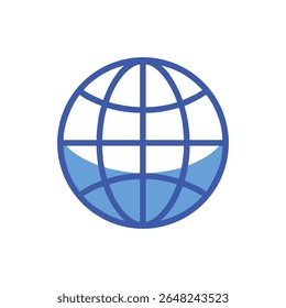 Flat graphic illustration of a blue outlined world globe. The design is simple and modern against a black backdrop.