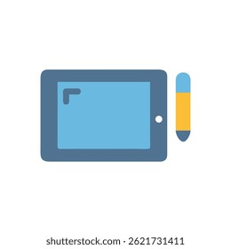 Flat graphic illustration of a blue tablet and yellow stylus against black. A modern digital drawing concept, minimalist style.
