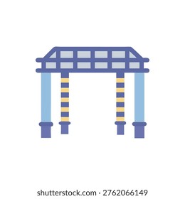 A flat graphic illustration of a blue and yellow geometric gazebo structure on a black background, creating contrast.