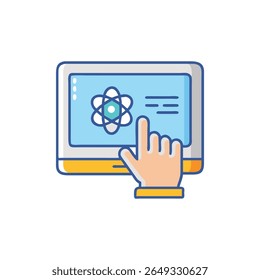A ilustração gráfica plana representa um átomo que toca a mão em uma tela de computador para educação on-line. Design moderno limpo.