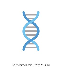 Ilustración gráfica plana de una doble hélice de ADN en azul y gris sobre un fondo blanco. Diseño limpio.