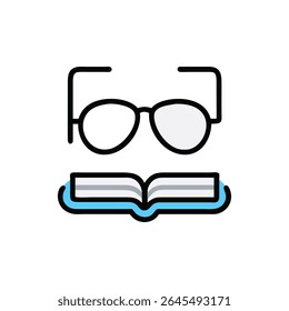 Flat graphic illustration featuring an open book and glasses with eye patch. Minimalistic design with light blue outlines.