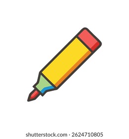 A flat graphic illustration featuring a yellow highlighter marker with red and blue accents, isolated on a White Background.