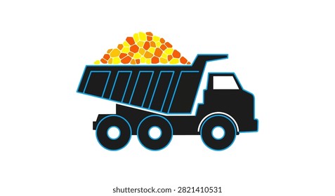A flat graphic illustration of a heavy duty black dump truck carrying a pile of colorful gravel or aggregate in its bed isolated on a white background