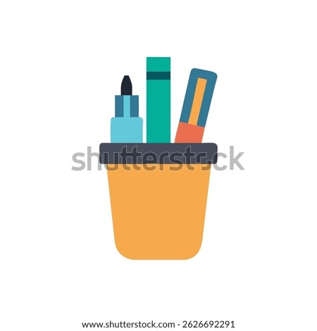 A flat graphic illustration of a pen holder with stationary in a minimalist style.