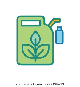 Uma ilustração gráfica plana mostra um recipiente de combustível verde claro e um frasco azul. Simboliza fonte de energia eco-amigável.
