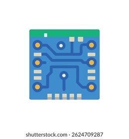 Flat graphic illustration of a square circuit board with blue pathways and rounded connectors.