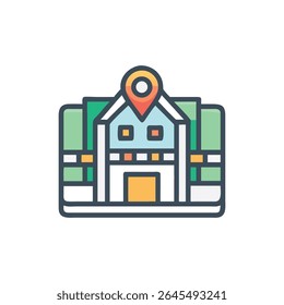 Flat graphic illustration of a stylized building topped with a location pin. Clean lines and vibrant color palette.