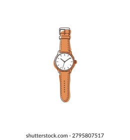 A flat graphic of an isolated analog wrist watch designed in a continuous line style with offset terracotta color patches