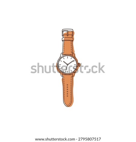A flat graphic of an isolated analog wrist watch designed in a continuous line style with offset terracotta color patches