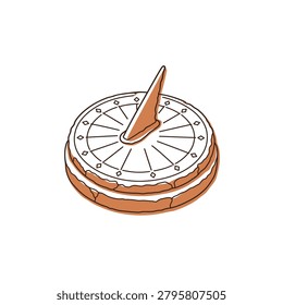 A flat graphic of an isolated stone garden sundial designed in a continuous line style with offset terracotta color patches