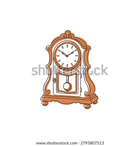 A flat graphic of an isolated vintage mantel clock designed in a continuous line style with offset terracotta color patches