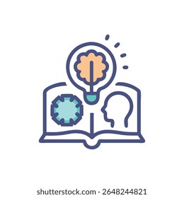 Gráfico plano com livro aberto com engrenagem, cabeça e lâmpada ilustrando aprendizagem e processo inovador de pensamento no fundo branco.