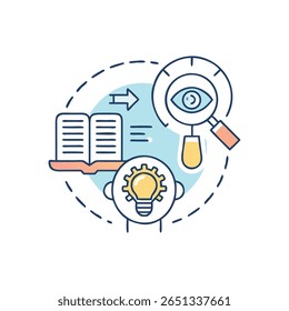 Flat graphic showing data analysis via database research with innovative solutions represented by a light bulb within a head silhouette.