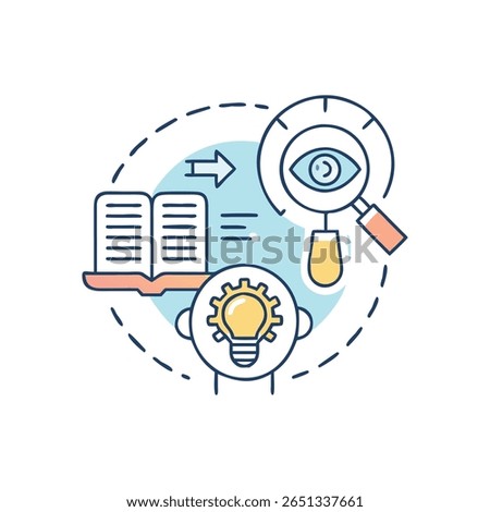 Flat graphic showing data analysis via database research with innovative solutions represented by a light bulb within a head silhouette.