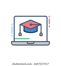 A flat graphic showing a graduation cap on a laptop screen symbolizes online education and academic achievement, against a White Background.