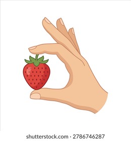 Flat graphic showing a hand holding a single strawberry between fingers. Suitable for food promotion, fruit branding, healthy eating visuals, packaging design, and agriculture marketing materials
