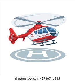Flat graphic showing a rescue helicopter positioned above a helipad. Suitable for emergency service visuals, medical transport promotion, aviation content, rescue operation materials, and public safety campaigns